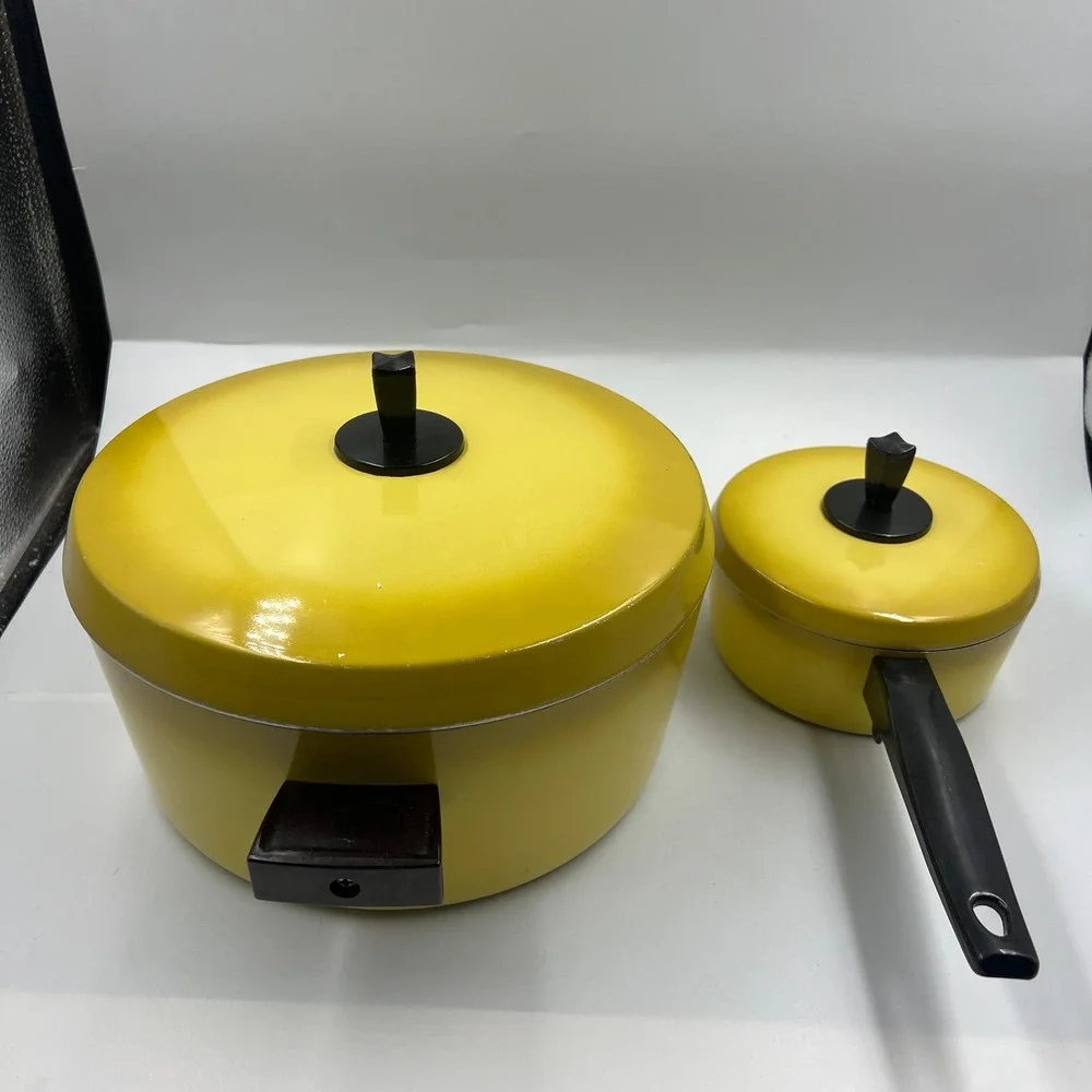 Vintage MidCentury Modern Yellow 2 Pot Set Sauce Pan Soup Pan 1 & 5 Quart 1970's